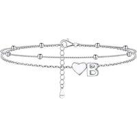 PROSILVER Women Sterling Silver Heart Anklet, A-Z Letter Initial Ankle Bracelet, Adjustable Hypoallergenic Double-Layer Foot Chain for Beach Summer wi