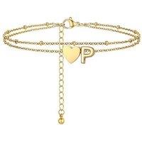 PROSTEEL Women Heart Anklet, A-Z Letter Initial Ankle Bracelet, Adjustable Double-Layer Foot Chain for Beach Summer, Silver/Gold Plated 316L Stainless