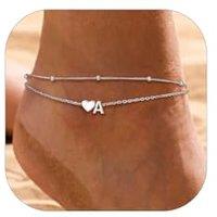 PROSILVER Women Sterling Silver Heart Anklet, A-Z Letter Initial Ankle Bracelet, Adjustable Hypoallergenic Double-Layer Foot Chain for Beach Summer wi