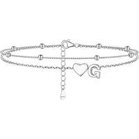 PROSILVER Women Sterling Silver Heart Anklet, A-Z Letter Initial Ankle Bracelet, Adjustable Hypoallergenic Double-Layer Foot Chain for Beach Summer wi