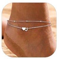 PROSILVER Women Sterling Silver Heart Anklet, A-Z Letter Initial Ankle Bracelet, Adjustable Hypoallergenic Double-Layer Foot Chain for Beach Summer wi