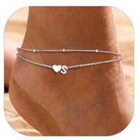 PROSILVER Women Sterling Silver Heart Anklet, A-Z Letter Initial Ankle Bracelet, Adjustable Hypoallergenic Double-Layer Foot Chain for Beach Summer wi