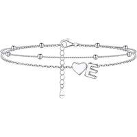 PROSILVER Women Sterling Silver Heart Anklet, A-Z Letter Initial Ankle Bracelet, Adjustable Hypoallergenic Double-Layer Foot Chain for Beach Summer wi