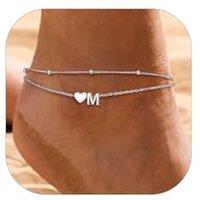 PROSILVER Women Sterling Silver Heart Anklet, A-Z Letter Initial Ankle Bracelet, Adjustable Hypoallergenic Double-Layer Foot Chain for Beach Summer wi