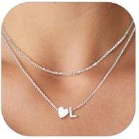 PROSTEEL Heart Initial Necklace for Women - Double Layered Silver White Gold/Gold Plated Bead Choker Name Necklace with Heart Letter Pendant Gift for