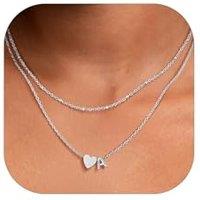 PROSTEEL Heart Initial Necklace for Women - Double Layered Silver White Gold/Gold Plated Bead Choker Name Necklace with Heart Letter Pendant Gift for