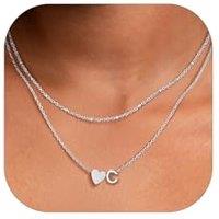 PROSTEEL Heart Initial Necklace for Women - Double Layered Silver White Gold/Gold Plated Bead Choker Name Necklace with Heart Letter Pendant Gift for