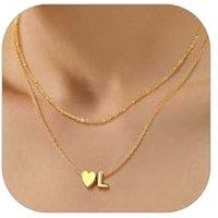 PROSTEEL Heart Initial Necklace for Women - Double Layered Silver White Gold/Gold Plated Bead Choker Name Necklace with Heart Letter Pendant Gift for