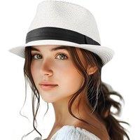 Straw Fedora Hat for Women Men Packable Short Brim Roll Up Trilby Hat Panama Summer Beach Sun Hat UPF 50+ One Size White