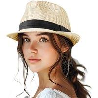 Straw Fedora Hat for Women Men Packable Short Brim Roll Up Trilby Hat Panama Summer Beach Sun Hat UPF 50+ One Size Natural