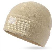 Outdoor Shaping American Flag Fleece Watch Cap, USA Multi-Season Army Military Tactical Beanie, Winter Warm Beanie One Size Beige