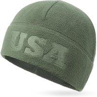 Tactical Beanie Fleece Watch Cap, Embossing USA Multi-Season Army Military Fleece Beanie, Winter Warm Beanie One Size Forest Green