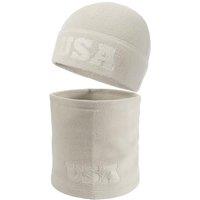 2 Pcs Warm Fleece Beanie Neck Gaiter Set, Embossing USA Army Military Winter Gear Skull Cap for Men Women Oatmea