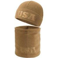 2 Pcs Warm Fleece Beanie Neck Gaiter Set, Embossing USA Army Military Winter Gear Skull Cap for Men Women