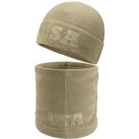 2 Pcs Warm Fleece Beanie Neck Gaiter Set, Embossing USA Army Military Winter Gear Skull Cap for Men Women Olive