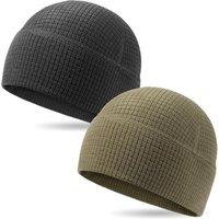 2 Pack Grid Fleece Beanie Watch Cap Waffle Tactical Beanie Multi-Season Army Military Fleece Hat, All Weather Gear One Size-M Black/Army Olive