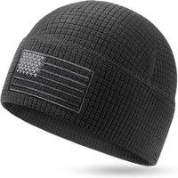 Outdoor Shaping Grid Fleece Beanie with American Flag Embroidery Waffle Tactical Army Military Skull Cap One Size Black