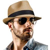 Straw Fedora Hat for Women Men Packable Short Brim Roll Up Trilby Hat Panama Summer Beach Sun Hat UPF 50+ M-L Brown