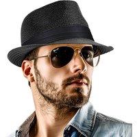 Straw Fedora Hat for Women Men Packable Short Brim Roll Up Trilby Hat Panama Summer Beach Sun Hat UPF 50+ M-L Black