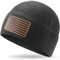 Outdoor Shaping Grid Fleece Beanie with Leather American Flag Patch Waffle Tactical Army Military Skull Cap Black