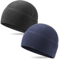 2 Pack Grid Fleece Beanie Watch Cap Waffle Tactical Beanie Multi-Season Army Military Fleece Hat, All Weather Gear One Size-M Black/Navy