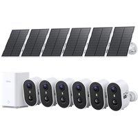 aosu 2K Wireless Outdoor Solar Security Cameras, 6-Cam Kit with aosuBase 2.0, No Subscription, Expandable up to 1TB, Spotlight & Siren Alarm, Color Ni