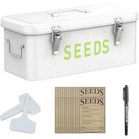 Orionstar Seed Storage Organizer, Metal Seed Saving Box with Lid, Seed Bin with 30 Plant Labels 30 Seed Envelopes 1 Marker Pens, 4 Compartments Box wi