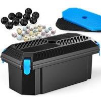 POPOSOAP Pond Filter for Outdoor Ponds, Filter Box with 2 Filter Pads and 20 Bio-Balls for Outdoor Pond Pump Submersible Fountain Pump