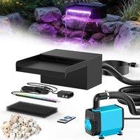 POPOSOAP 8" Pond Waterfall Spillway Filter Kit, 304 Stainless Steel Water Blade Weir with 7-Colour LED Lights & Remote, Quiet Pump, 9.84ft Hose for Ga