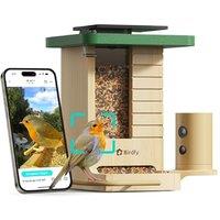 Bird Feeder Camera, Birdfy Smart Wooden Bird Feeder with Camera, Solar Powered, AI Bird Identification 6000+ Species, 1080P Video, Weatherproof Outdoo