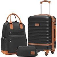 COOLIFE Suitcase Set, 3 Piece Luggage Sets with Travel Backpack and Toiletry Bag for Short Travel, TSA Lock 360 Spinner Wheels (Black/Brown, 20 Inch