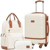 COOLIFE Suitcase Set, 3 Piece Luggage Sets with Travel Backpack and Toiletry Bag for Short Travel, TSA Lock 360 Spinner Wheels (White/Brown, 20 Inch