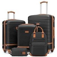 COOLIFE Suitcase Set, 5 Piece Luggage Sets with Travel Backpack and Toiletry Bag for Family Travel, TSA Lock 360 Spinner Wheels (Black/Brown, 5 Piec