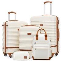 COOLIFE Suitcase Set, 5 Piece Luggage Sets with Travel Backpack and Toiletry Bag for Family Travel, TSA Lock 360 Spinner Wheels (White/Brown, 5 Piec