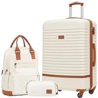 COOLIFE Suitcase Set, 3 Piece Luggage Sets with Travel Backpack and Toiletry Bag for Long Travel, TSA Lock 360 Spinner Wheels (White/Brown, 28 Inch
