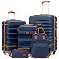COOLIFE Suitcase Set, 5 Piece Luggage Sets with Travel Backpack and Toiletry Bag for Family Travel, TSA Lock 360 Spinner Wheels (Blue/Brown, 5 Piece
