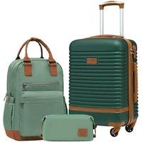 COOLIFE Suitcase Set, 3 Piece Luggage Sets with Travel Backpack and Toiletry Bag for Short Travel, TSA Lock 360 Spinner Wheels (Green/Brown, 20 Inch