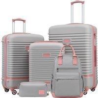 COOLIFE Suitcase Set, 5 Piece Luggage Sets with Travel Backpack and Toiletry Bag for Family Travel, TSA Lock 360 Spinner Wheels (Pink/Grey, 5 Piece