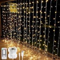 Lepro LE Curtain Lights Battery Powered, 3m x 3m 300 LEDs, 8 Modes & Timer, Warm White Fairy Curtain Lights, USB Plug, Remote Control, Suit for Room D
