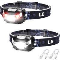 LE Head Torch Rechargeable, [2 Pack] Super Bright LED Headlamp Waterproof with 5 Lighting Modes, 30H Runtime, Red Warning Lights for Running Hiking Do