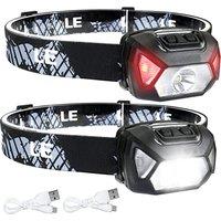 Lepro Head Torch Rechargeable, 2 Pack 2000L Waterproof LED Headlamp with Red Warning Lights, 30Hrs Runtime, 6 Lighting Modes, for Running Fishing Camp