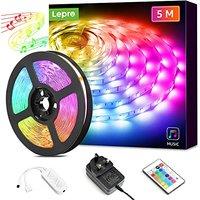 Lepro LED Strip Lights 5M Music Sync, 5050 RGB Colour Changing LED Strip with Remote, Sound Reactive, Dimmable Stick on Plug in LED Lights for Bedroom