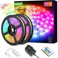 Lepro LED Strip Lights Music Sync 10M (2x5M), 5050 RGB Colour Changing LED Strip with Remote and Plug, Dimmable Stick on LED Lights for Bedroom, Kitch