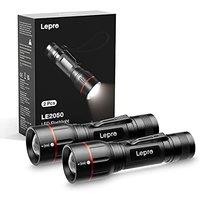Lepro 2 Pack LED Torch Battery Powered, LE2050 Super Bright Handheld Flashlight, 5 Modes, Zoomable, Clip, Waterproof, Lightweight, for Camping, Emerge