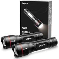 Lepro LED Torch 2 Pack - Super Bright, 5 Modes, Zoomable & Water Resistant - Small, 18650/AAA Battery Powered (Not Included) Flashlight for Camping, P