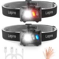 Lepro Head Torch, [2 Pack] Super Bright Led Rechargeable Headlamp with Motion Sensor, Long Runtime, 5 Lighting Modes, Red Lights, Waterproof Lightweig