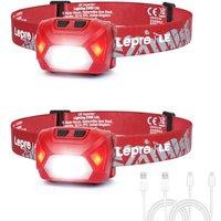 Lepro Head Torch Rechargeable, 2 Pack 2000L Waterproof LED Headlamp with Red Warning Lights, 30Hrs Runtime, 6 Lighting Modes, for Running Fishing Camp