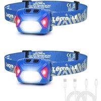 Lepro Head Torch Rechargeable, 2 Pack 2000L Waterproof LED Headlamp with Red Warning Lights, 30Hrs Runtime, 6 Lighting Modes, for Running Fishing Camp