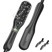 LANDOT Mini Hair Straightener Brush - Ceramic Ionic Travel Flat Iron Comb, 3 Temp Anti-Scald Styling Brush for Bangs & Touch-Ups, Compact Dual Voltage