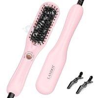 LANDOT Mini Hair Straightener Brush - 30s Fast Heat Ceramic Flat Iron Comb, 3 Temp Settings for All Hair Types, Dual Voltage Travel Styling Tool, Blus